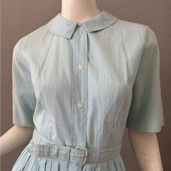 Vintage 50s Blue Striped Button Belt Fit & Flare Shirtwaist Day Dress S - Picture 10 of 15